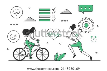 Young people having active sport lifestyle. Cycling and running for healthy body state vector monocolor illustration