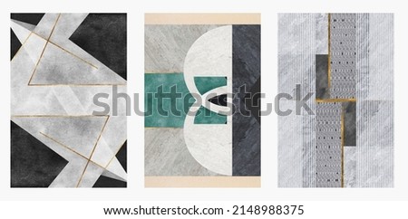 A set of three abstract minimalist backgrounds. Hand drawn illustrations with geometric art patterns for wall decoration, postcards or brochures, cover design, printing, hanging pictures, social media Royalty-Free Stock Photo #2148988375