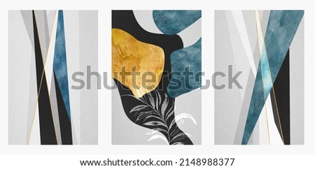A set of three abstract minimalist backgrounds. Hand drawn illustrations with geometric art patterns for wall decoration, postcards or brochures, cover design, printing, hanging pictures, social media Royalty-Free Stock Photo #2148988377