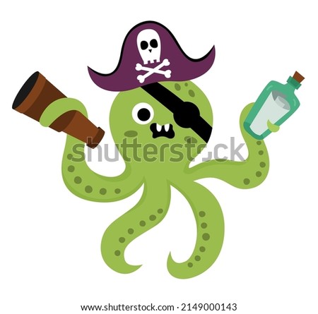 Vector pirate octopus icon. Cute sea animal illustration. One eye treasure island hunter with eye patch, telescope and bottle with map. Funny pirate party element for kids. Devilfish picture   Royalty-Free Stock Photo #2149000143