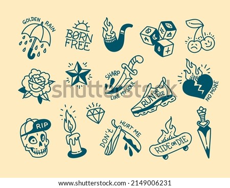 Trendy Old school simple tattoo collection on skin color background. Traditional tattoo symbols and rockabilly elements set of skateboard, blade, heart, rose. Tattoo designs for tee print fabric
 Royalty-Free Stock Photo #2149006231