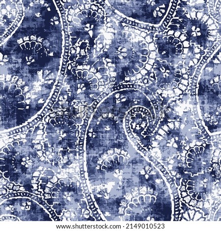 Seamless paisley pattern with stamped distressed effect. abstract ethnic paisley pattern in Indian style on indigo, denim background. Royalty-Free Stock Photo #2149010523