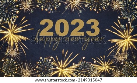 HAPPY NEW YEAR 2023 - Festive silvester New Year's Eve Party background greeting card - Golden fireworks in the dark blue night	