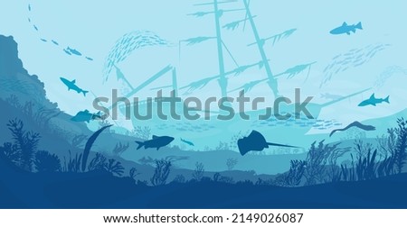 Underwater landscape, sea or ocean undersea with ship wrecks, vector silhouette background. Deep under water or undersea landscape with sunken shipwreck, fishes and seaweed of coral reef Royalty-Free Stock Photo #2149026087