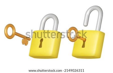 Metal key and a yellow lock. Open the lock with the key. Isolated 3d object on a transparent background Royalty-Free Stock Photo #2149026311