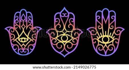 Colorful Hamsa hand drawn symbol with flower. Decorative pattern in oriental style for interior decoration and henna drawings. The ancient sign of "Hand of Fatima". Rainbow design on black background. Royalty-Free Stock Photo #2149026775