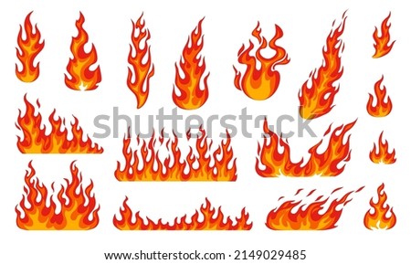 Cartoon fire flames, bonfire fire and burning fireballs, vector icons set. Red hot flames of campfire, wildfire firewall or burning torch heat, flammable symbols and burning effects of hell blaze