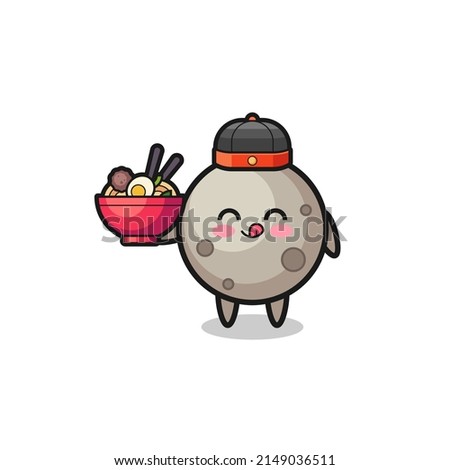 moon as Chinese chef mascot holding a noodle bowl , cute design
