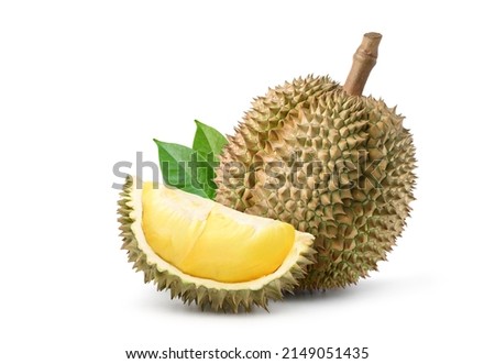 Durian fruit with slices isolated on white background. Royalty-Free Stock Photo #2149051435
