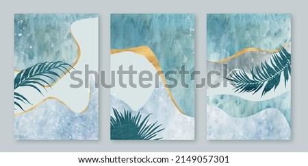 A set of watercolor backgrounds of three abstract plants. Hand drawn illustrations with geometric art patterns for wall decoration, postcards or brochures, cover design, printing, hanging pictures, so