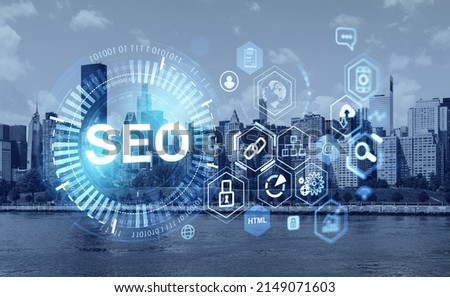 SEO, search engine optimization hologram. Ranking traffic and website promoting tools, glowing chain of icons. Concept of business and marketing. 3D rendering