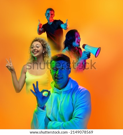 Nice, ok. Youth in modern life. Composite image of young emotional people, boys and girls on multicolored background in neon. Concept of human emotions, facial expression, sales. Collage, poster