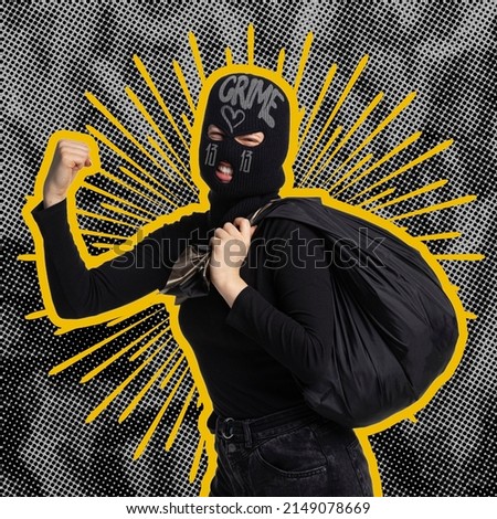 Contemporary art collage. Young woman in image of thief wearing black balaclava and carrying big bag isolated over gray background. Expression of imagination. Concept of art, creativity, street style