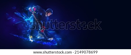Monochrome. Flyer with portrait of little boy, hockey player in sports equipment playing hockey on dark background with polygonal and fluid neon elements. Sport, championship, league, achievements