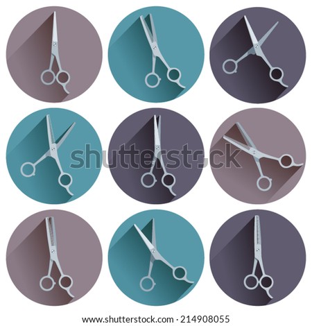 Set of round icons with thinning shears and haircutting scissors