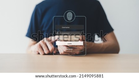 Man using smartphone for online banking or shopping and payment via credit card. Mobile phone fingerprint scan and login for security system. Business commercial and personal financial idea concept