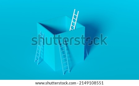 White ladder from inside box, modern minimal business thinking outside the box or exit strategy concept, 3D illustration