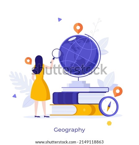 Geographer or student looking at globe through magnifying glass. Concept of geography, geographical research, study of Earth, cartography and navigation. Modern vector illustration for banner, poster. Royalty-Free Stock Photo #2149118863