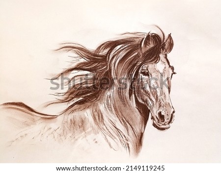 Horse running drawing sepia artwork 