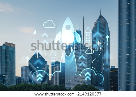 Chicago skyline from Butler Field to financial district skyscrapers at sunset, Illinois, USA. Parks and gardens. Startup company, launch project to seek and develop scalable business model, hologram