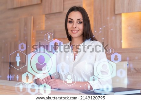 Portrait of businesswoman in formal wear working with documents and looking for employees to hire new candidates for international business consulting. HR, networking icons over office background