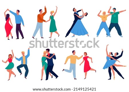 Cartoon dancing couples. Different dancers performing, happy persons in stage outfits, funny cartoon characters, men and women, waltz and tango, modern choreography and ballet vector set Royalty-Free Stock Photo #2149125421