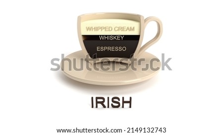 Cutaway coffee cup. Irish coffee. Cup on a white background. Types of coffee. 3D render.
