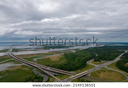 Aerial view of the eastern shore of Mobile on an overcast day in Daphne, Alabama 