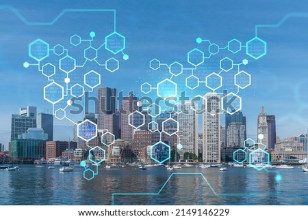 Panoramic picturesque city view of Boston Harbour at day time, Massachusetts. Building exteriors of financial downtown. Technological, educational center. Blockchain and cryptography concept, hologram