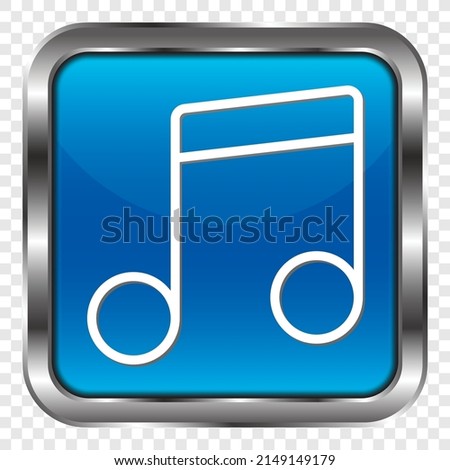 Musical simple icon vector. Flat design. Metal, blue square button. Transparent grid.ai