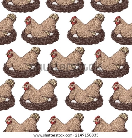 Hen sitting in the nest. Seamless pattern. Hand drawn illustration. Chicken eggs. Farm eggs design template. Vector illustration. Healthy food. Package design background.