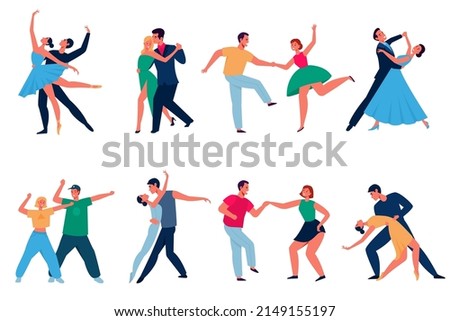 Dancing couples. Cartoon professional dancers characters, men and women in performing outfits. Modern types dance latin and tango, waltz and disco. People in ballroom, music party vector set Royalty-Free Stock Photo #2149155197