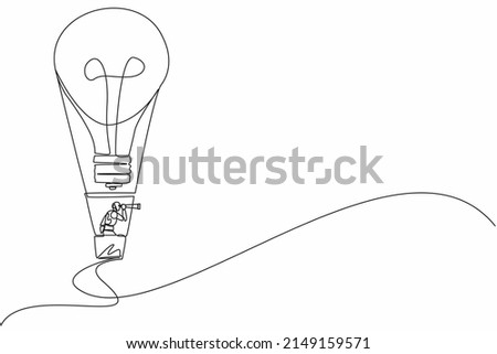 Continuous one line drawing robots using monocular, flying with hot air balloon lightbulb. Humanoid robot cybernetic organism. Future robotics development. Single line draw design vector illustration
