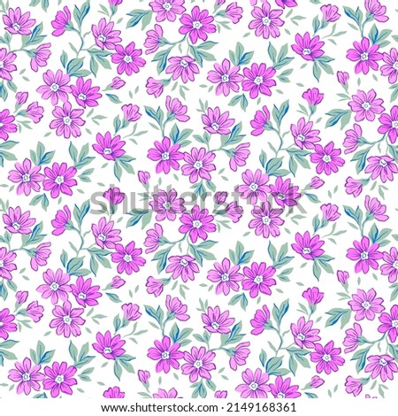 Spring flowers print. Vector seamless floral pattern. Floral design for fashion prints. Endless print made of small pastel pink lilac color flowers. Elegant template. White background. Stock vector. Royalty-Free Stock Photo #2149168361