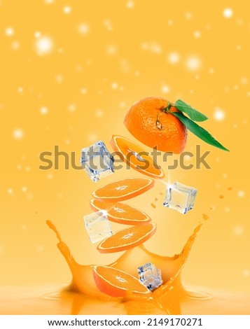 levitation fresh orange fruit slices with splashes of juice-Ice cubes- orange background-copy space