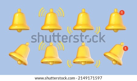 3D notification bell icon set isolated on blue background.  Yellow ringing bell with new notification for social media reminder. 3d cartoon vector illustration.