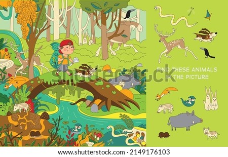 A boy with a devoted dog travel through the forest. Find the animals in the picture. Hidden Object Puzzle. Vector illustration. Royalty-Free Stock Photo #2149176103