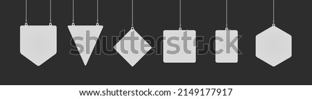 Set of triangle, diamond, rectangular and hexagon danglers hanging from ceiling realistic mockup. Mock up of advertising promotion pointer for supermarket sale announcement. Mall store label vector Royalty-Free Stock Photo #2149177917