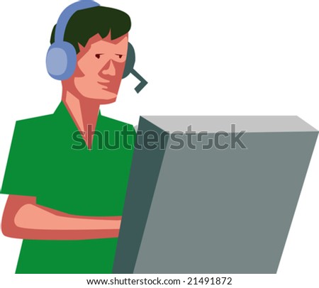 Illustrated airplane controller sitting in his headphones