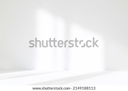 Abstract white studio background for product presentation. Empty room with shadows of window. Display product with blurred backdrop. Royalty-Free Stock Photo #2149188113