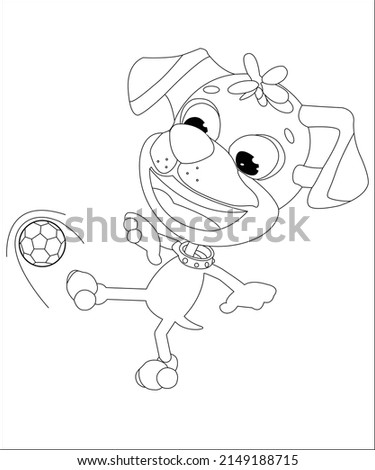 Dog playing football Cartoon illustration. Funny and cute Puppy and soccer ball coloring page for kids. Cartoon illustration Vector flat style.