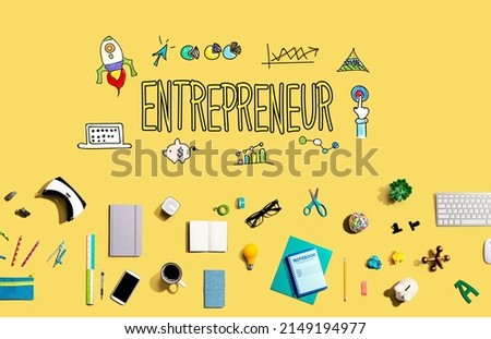 Entrepreneur theme with collection of electronic gadgets and office supplies