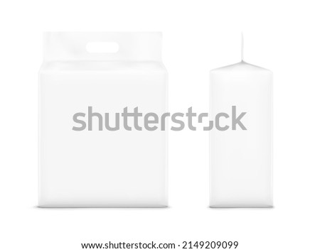 Stand bag with handle mockups. Vector illustration isolated on white background. Ready for your design. Suite for the presentation of diaper, wet wipes, foods, household, etc. EPS10.	 Royalty-Free Stock Photo #2149209099