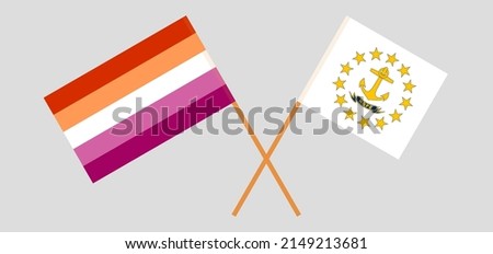 Crossed flags of Lesbian Pride and the State of Rhode Island. Official colors. Correct proportion. Vector illustration
