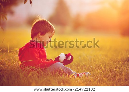 Adorable boy with his teddy friend, sitting on a lawn, sunset time