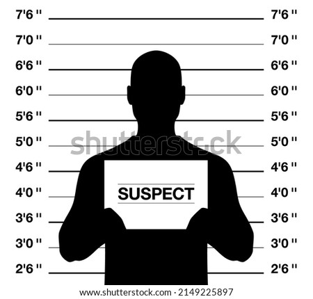 A male suspect mugshot, vector illustration. Anonymus man standing on a criminal photo shooting background. Royalty-Free Stock Photo #2149225897
