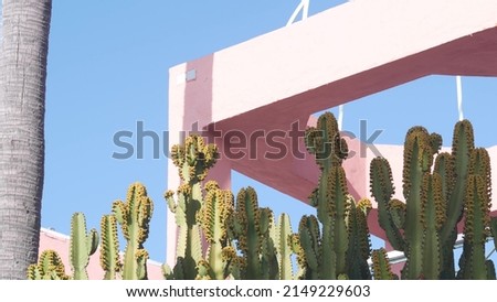 Minimalistic architecture and cactus plants by pink wall of house. California modernism aesthetic. green big cacti and geometric shape of building exterior. Trendy summer vibes, abstract background. Royalty-Free Stock Photo #2149229603