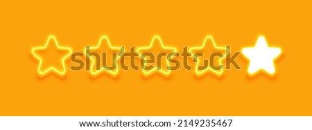 Five stars neon light sign, Review rank 5-star for business, hotel, feedback, likes, awards, rating, favorite. Vector illustration.