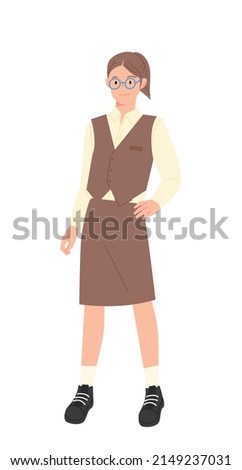A girl with a ponytail hair and glasses is standing in a confident pose with her hands on her waist. flat design style vector illustration.