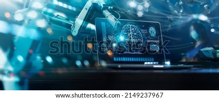 Doctor use robotic and innovative medical technology diagnose and examine patient brain with intelligence software. AI, Innovation medical healthcare and digital science technology in futuristic.  Royalty-Free Stock Photo #2149237967
